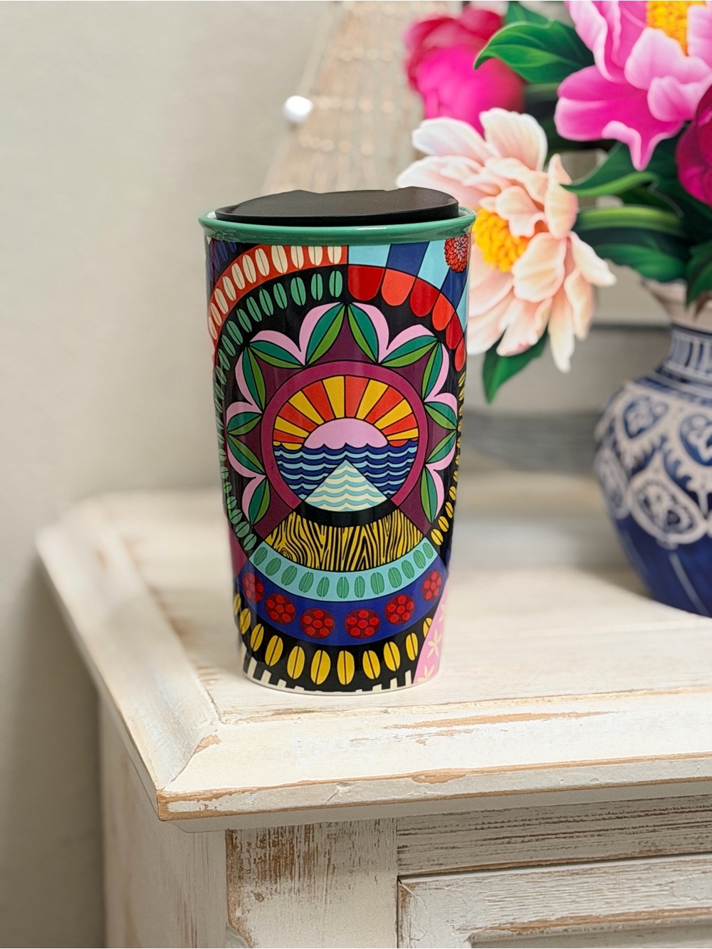 Starbucks Multicolor Ceramic Floral Sunrise Travel Tumbler
